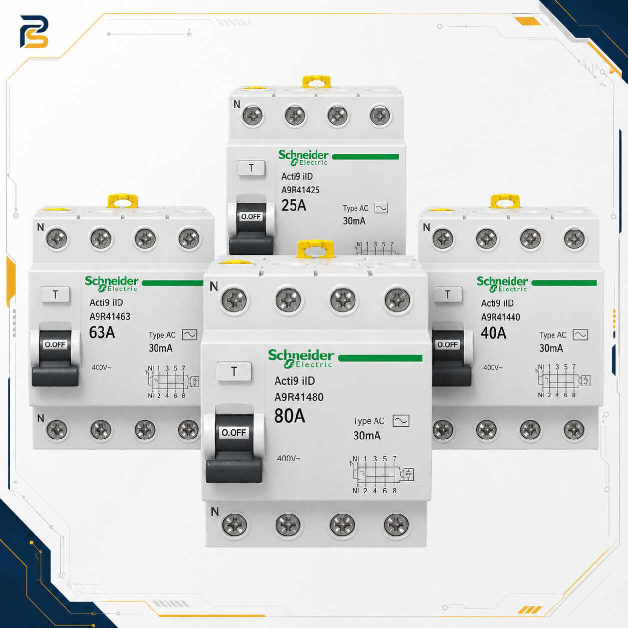 Acti9 iID کلید محافظ جان اشنایدر Acti9 iID 25A چهارپل 30mA Type AC کد A9R41425